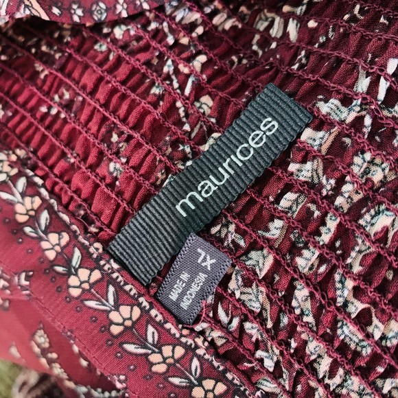 MAURICE'S Burgundy Print Boho Top - L/S Semi Sheer Shoulder Smocking V-Neck XL - Picture 9 of 11